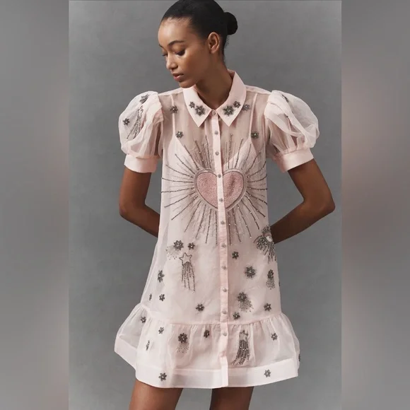 Anthropologie Maeve Pink Sheer Beaded Embroidered Short Sleeve Mini Dress NWT - Picture 15 of 15